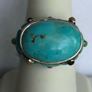 Turquoise & Multi-Gemstones Dome Design in Sterling Silver Ring